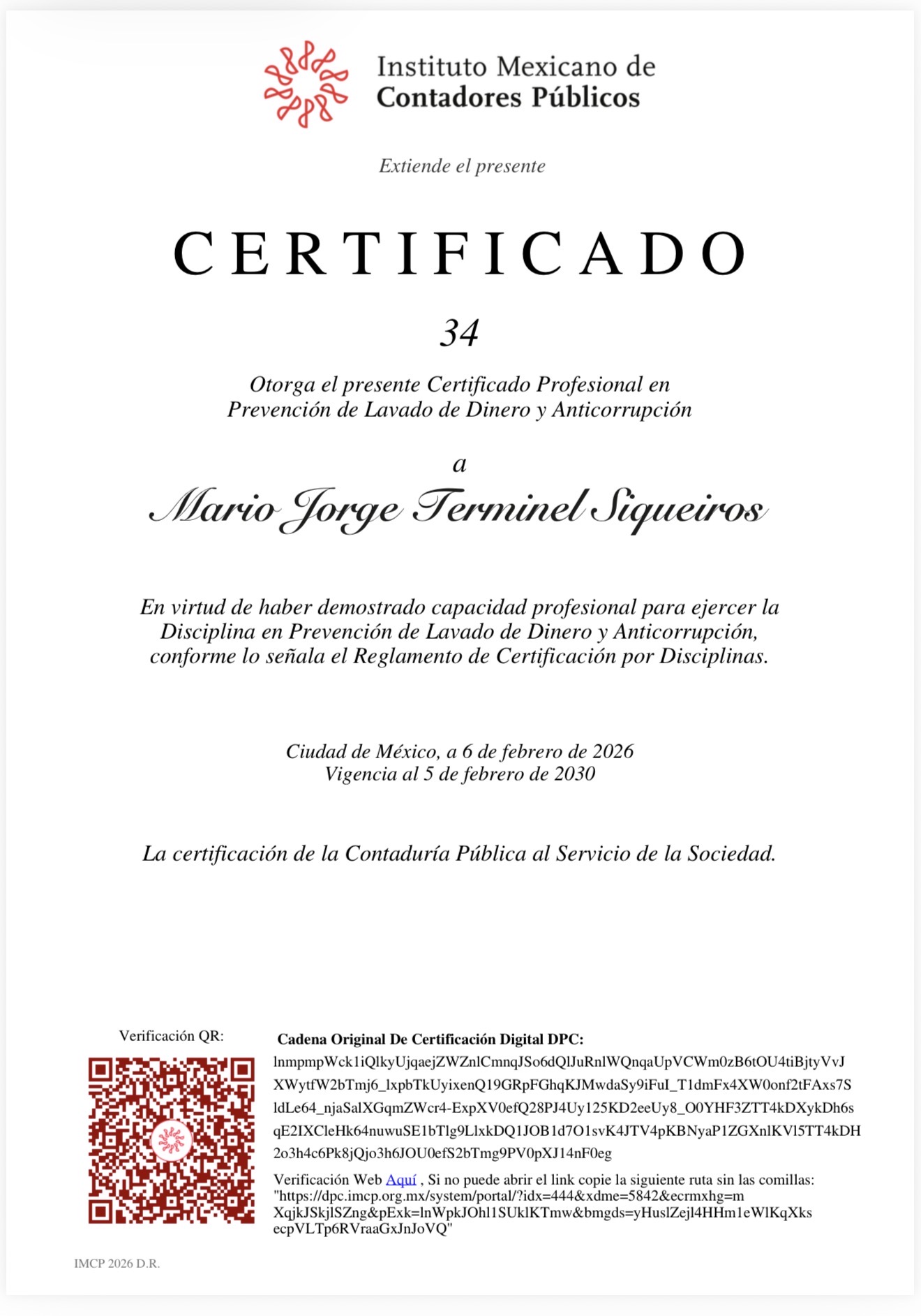 Certificado válido hasta el 5 de Febrero de 2030